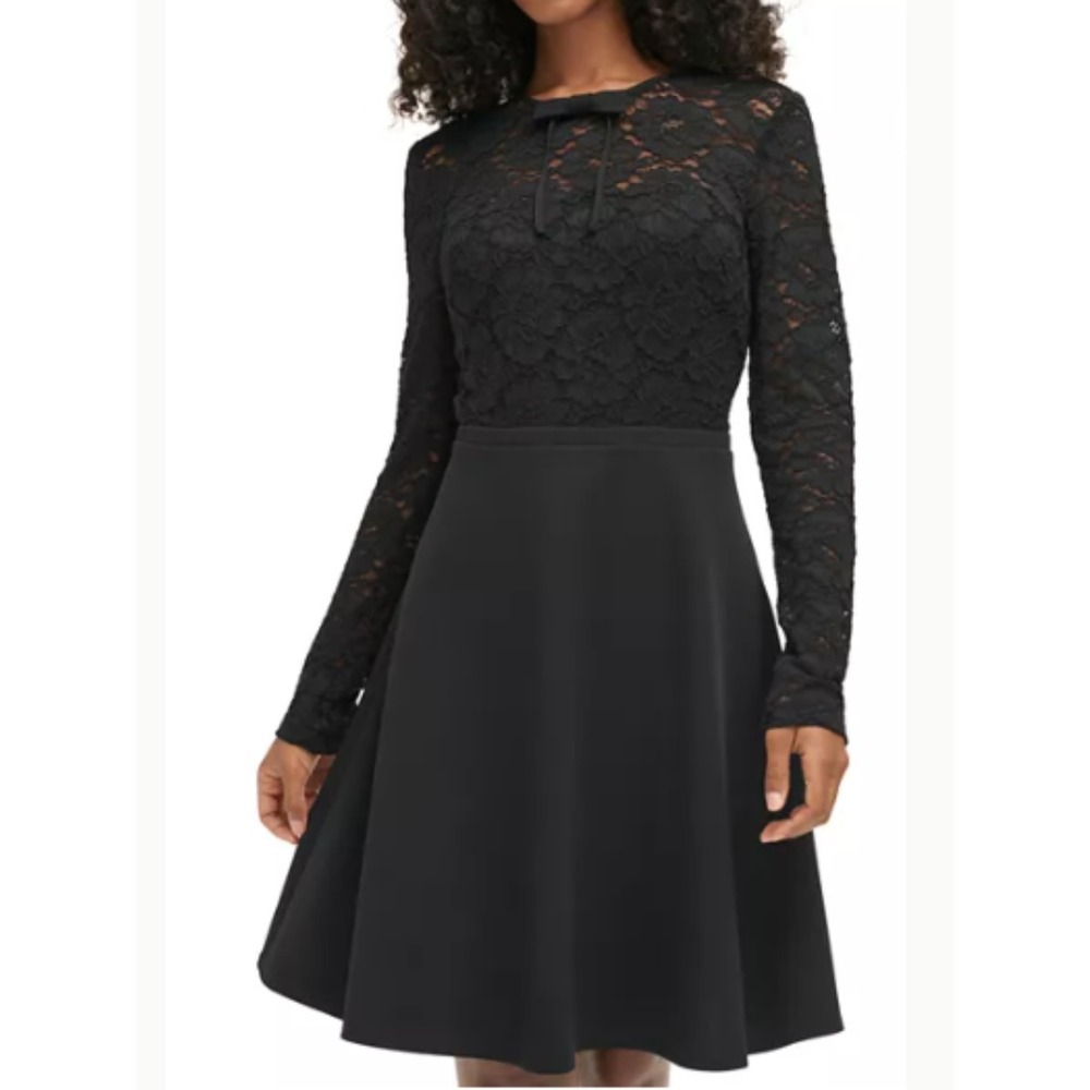 Karl Lagerfeld Floral Lace Bow Dress 12 Black Fit & Flare Long Sleeve Formal LBD